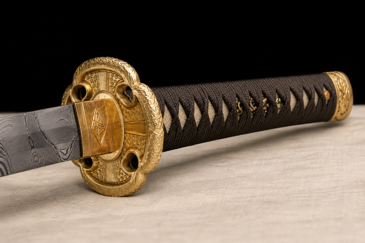 Twisted-Grain Chrysanthemum Tachi — Folded T8, Rosewood Saya — tsuka, tsuba and menuki detail