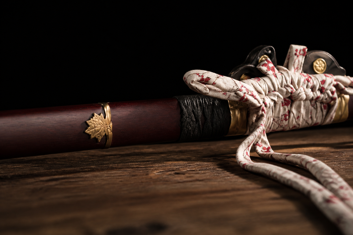 Twisted-Grain Chrysanthemum Tachi — Folded T8, Rosewood Saya — saya finish and sageo detail