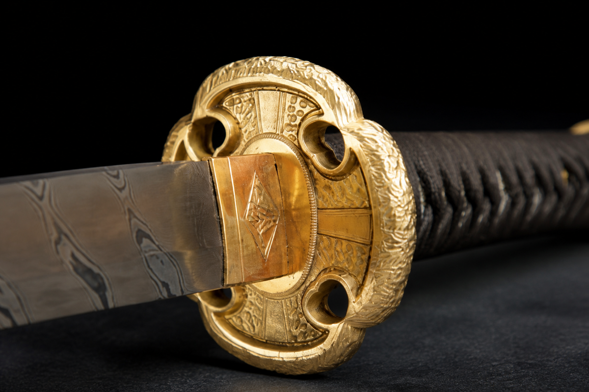 Twisted-Grain Chrysanthemum Tachi — Folded T8, Rosewood Saya — tsuba detail