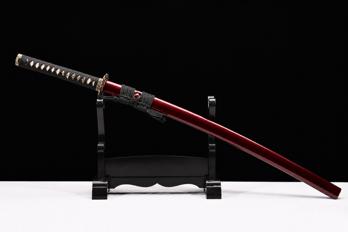 Night Owl Katana — Mirror-Polished 5160, Wild Rayskin — sheathed, full length