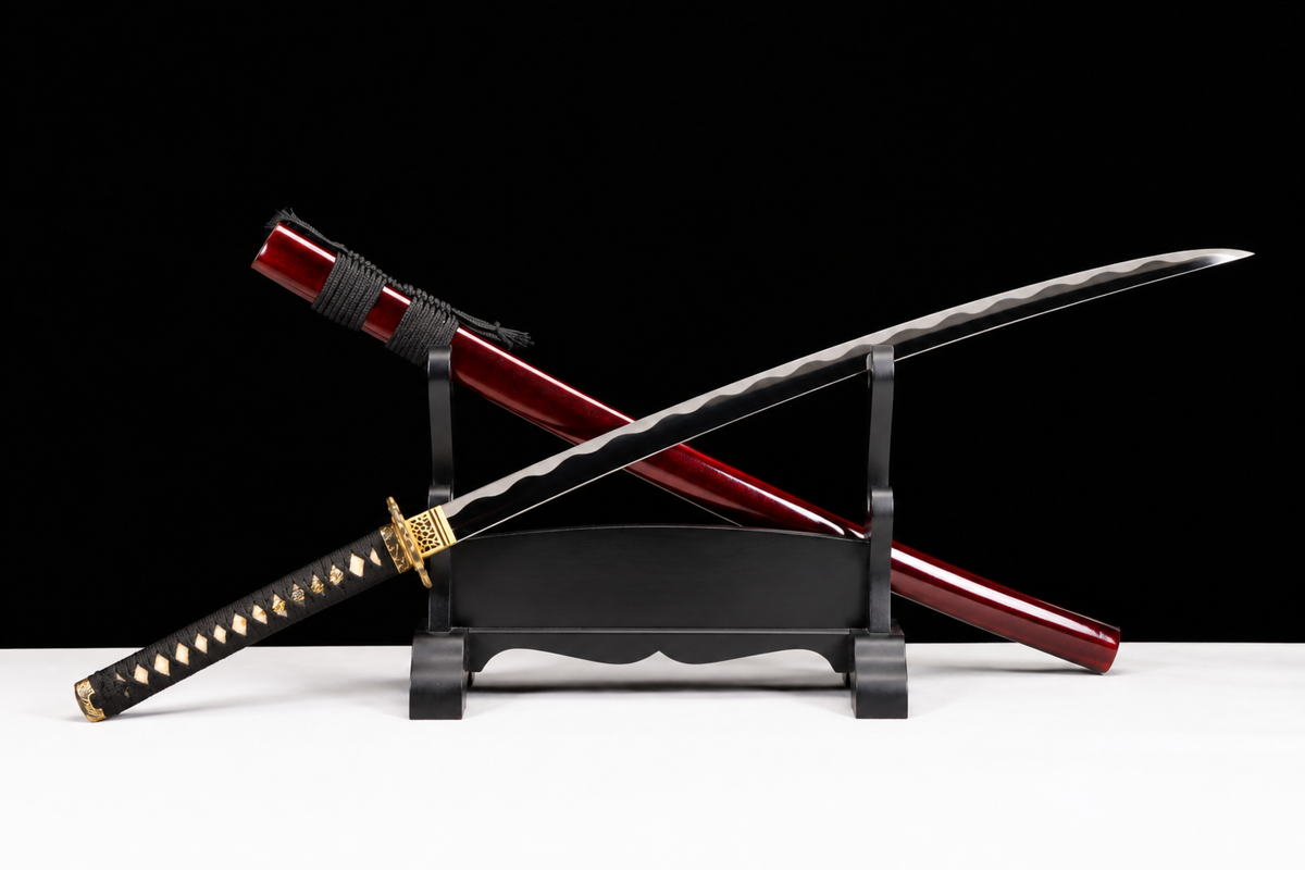 Night Owl Katana — Mirror-Polished 5160, Wild Rayskin — drawn from the saya, full length