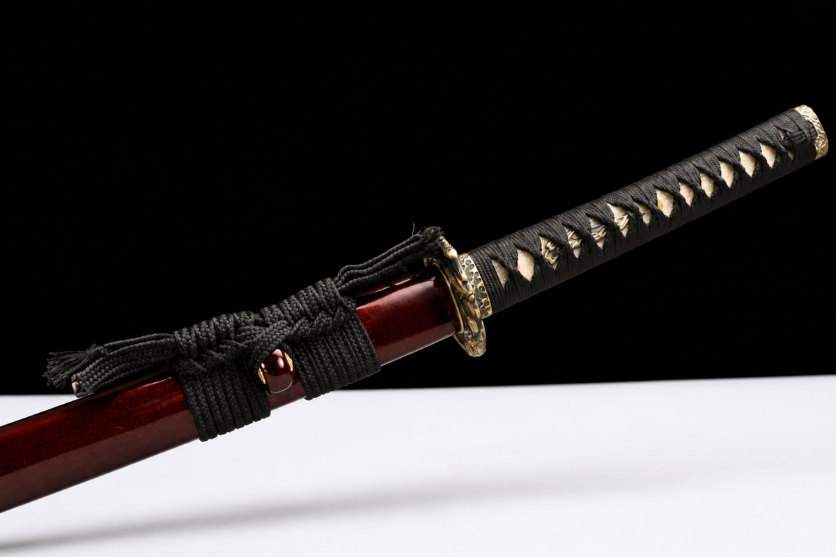 Night Owl Katana — Mirror-Polished 5160, Wild Rayskin — tsuka, tsuba and menuki detail