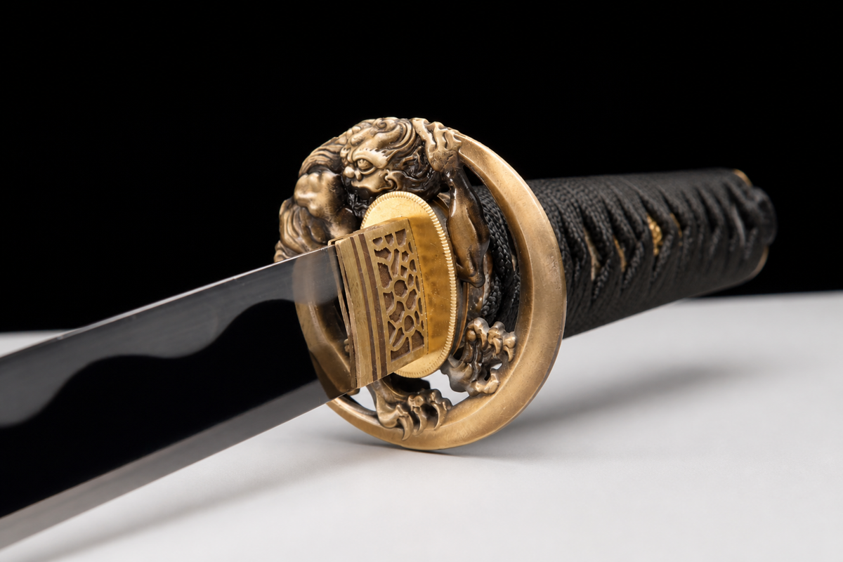 Night Owl Katana — Mirror-Polished 5160, Wild Rayskin — tsuba, seppa and habaki detail
