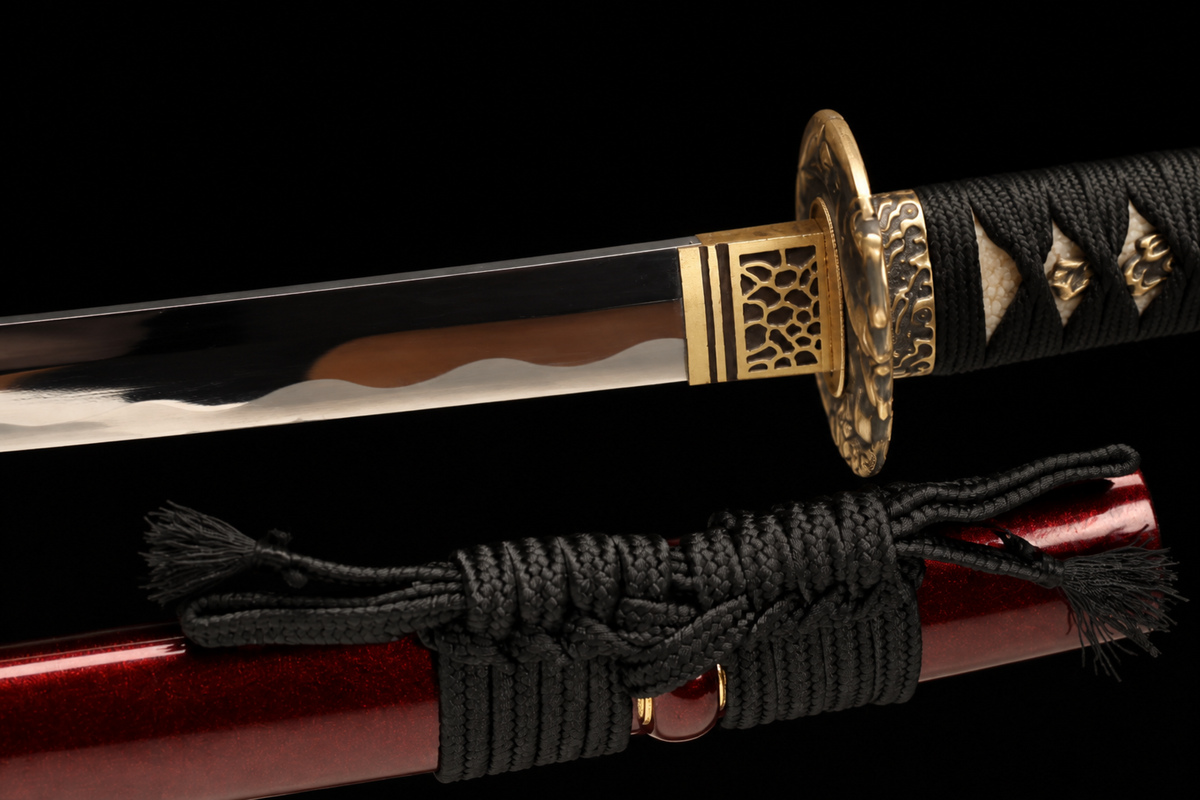 Night Owl Katana — Mirror-Polished 5160, Wild Rayskin — koiguchi and sageo detail