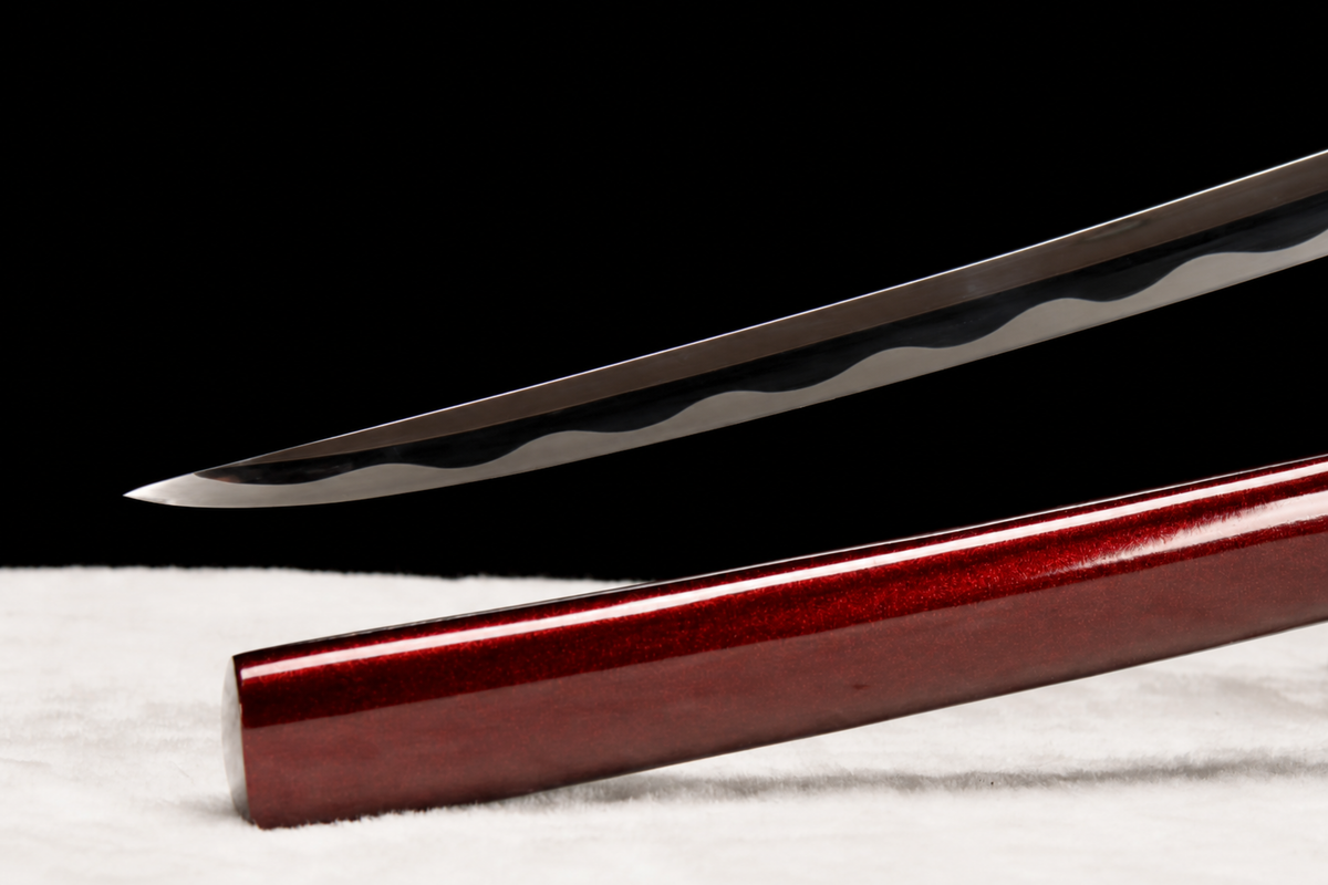 Night Owl Katana — Mirror-Polished 5160, Wild Rayskin — kissaki and polish detail