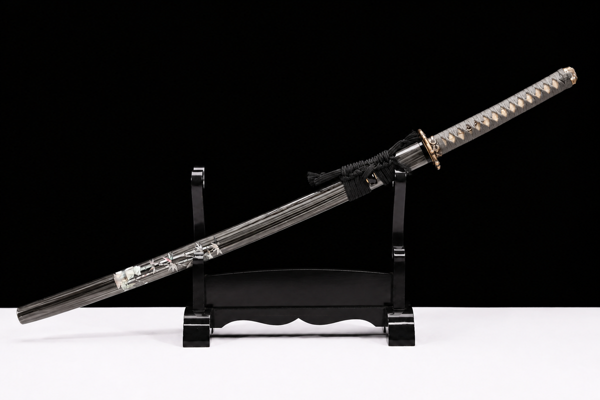 Golden Serpent Katana — Clay-Tempered T10, Bo-Hi — sheathed, full length