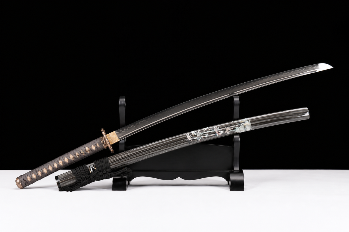 Golden Serpent Katana — Clay-Tempered T10, Bo-Hi — drawn from the saya, full length