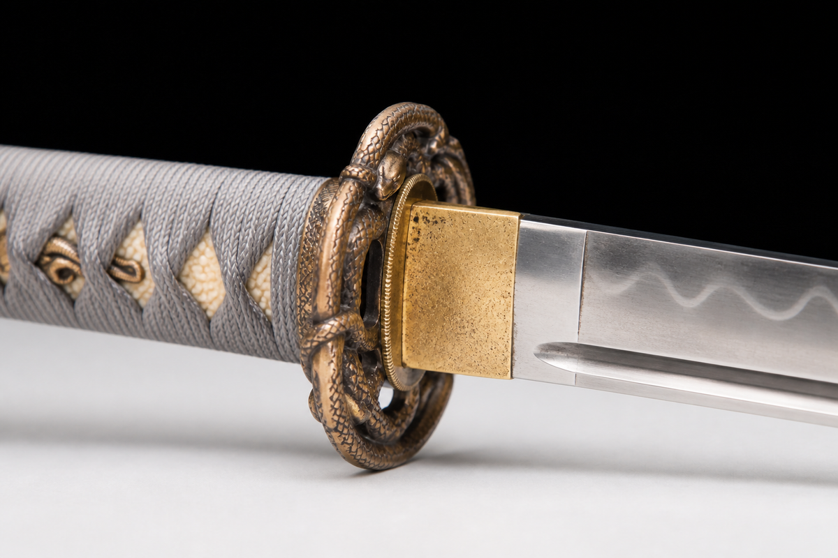 Golden Serpent Katana — Clay-Tempered T10, Bo-Hi — tsuba, seppa and habaki detail