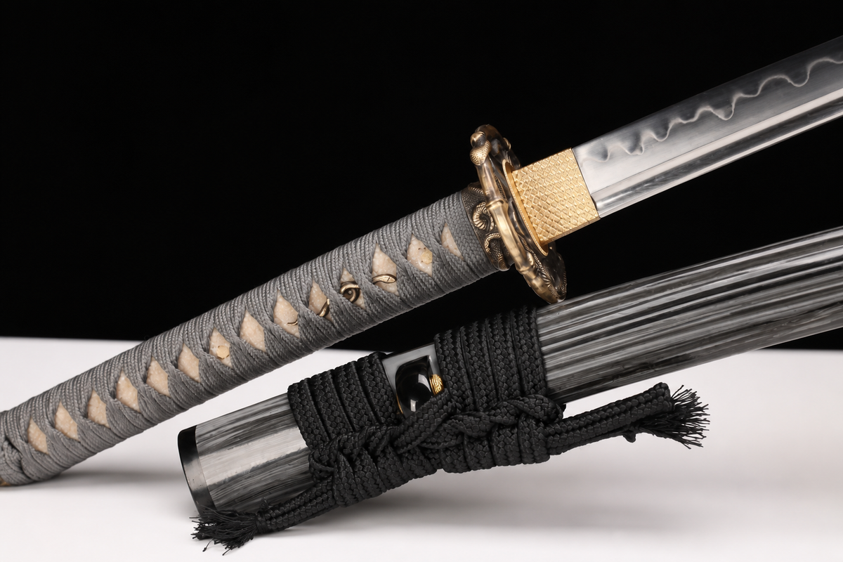 Golden Serpent Katana — Clay-Tempered T10, Bo-Hi — tsuba, seppa and habaki detail