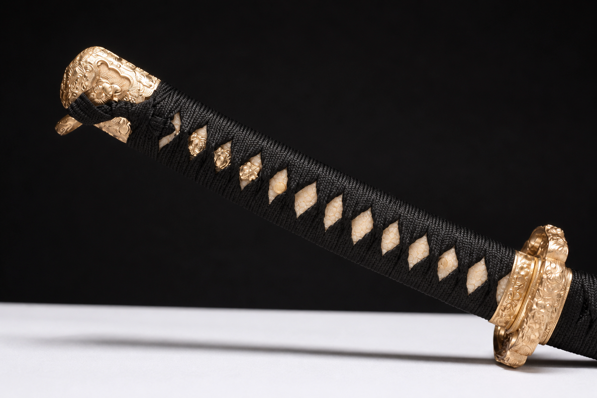 Deep-Curve Damascus Tachi — Clay-Tempered, Rayskin Saya — tsuba detail