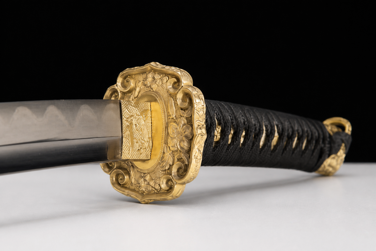 Deep-Curve Damascus Tachi — Clay-Tempered, Rayskin Saya — tsuba, seppa and habaki detail