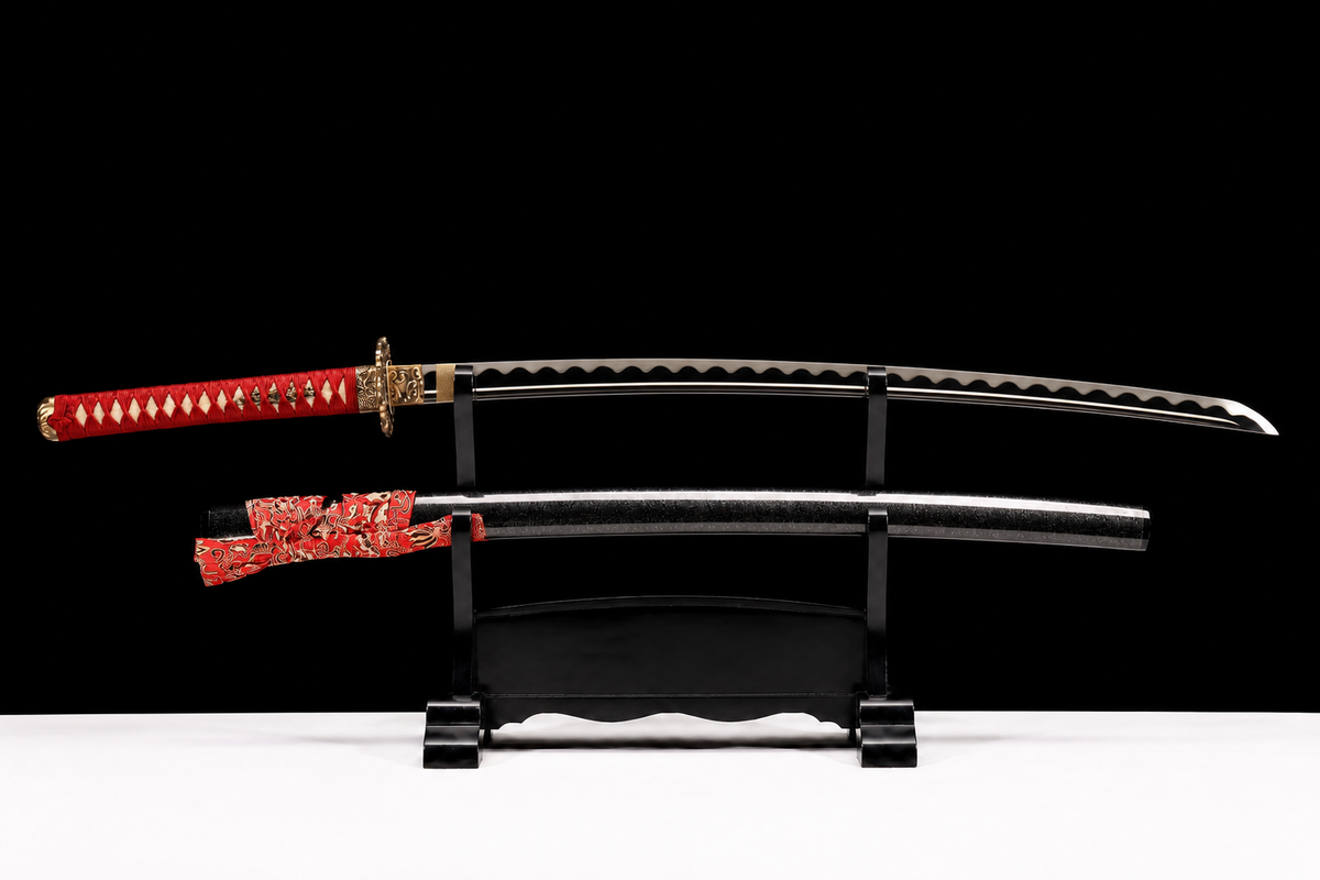 Wave Dragon Katana — Mirror-Polished 5160, Bo-Hi and True Yokote — drawn from the saya, full length