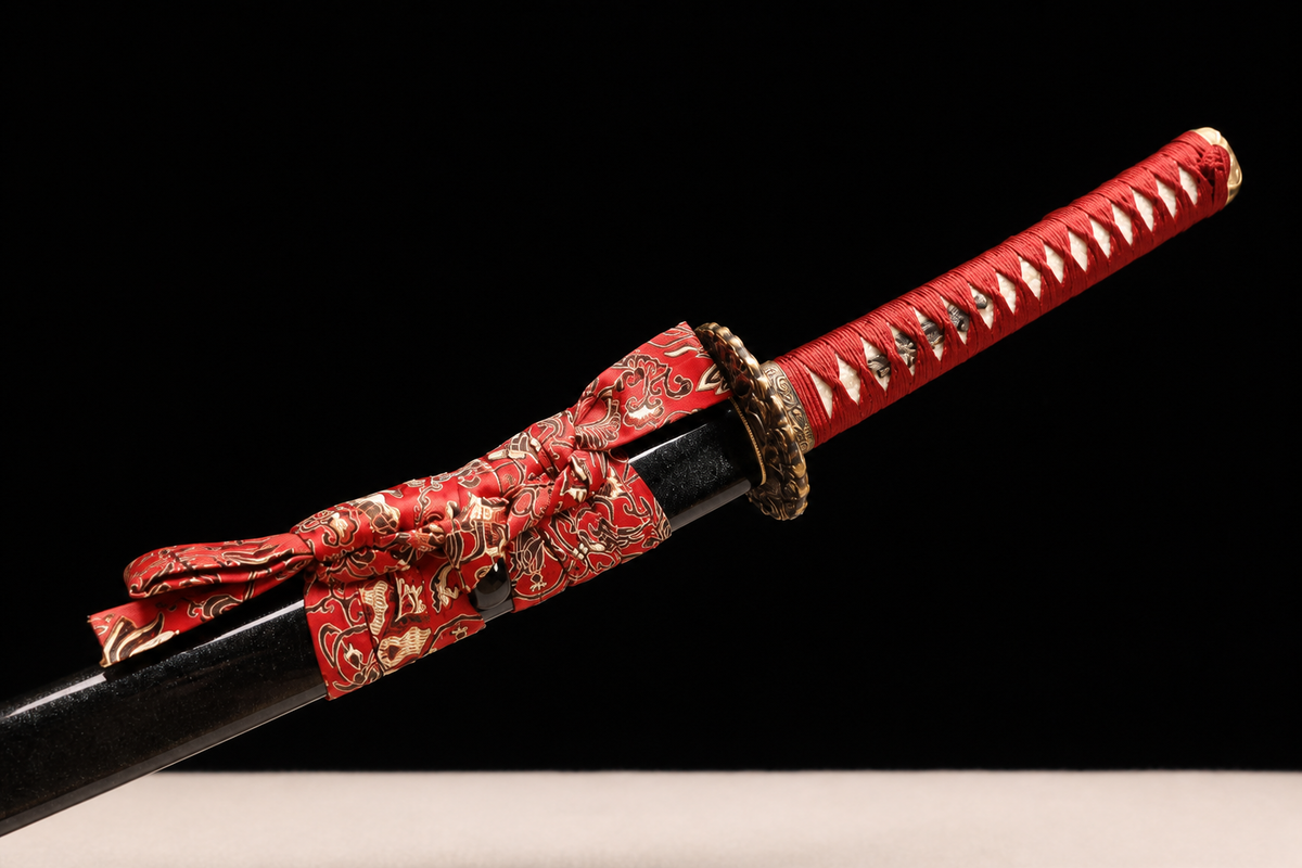 Wave Dragon Katana — Mirror-Polished 5160, Bo-Hi and True Yokote — tsuka, tsuba and menuki detail