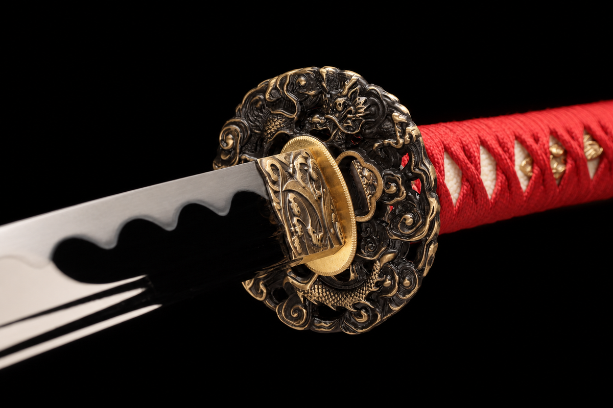 Wave Dragon Katana — Mirror-Polished 5160, Bo-Hi and True Yokote — tsuba, seppa and habaki detail