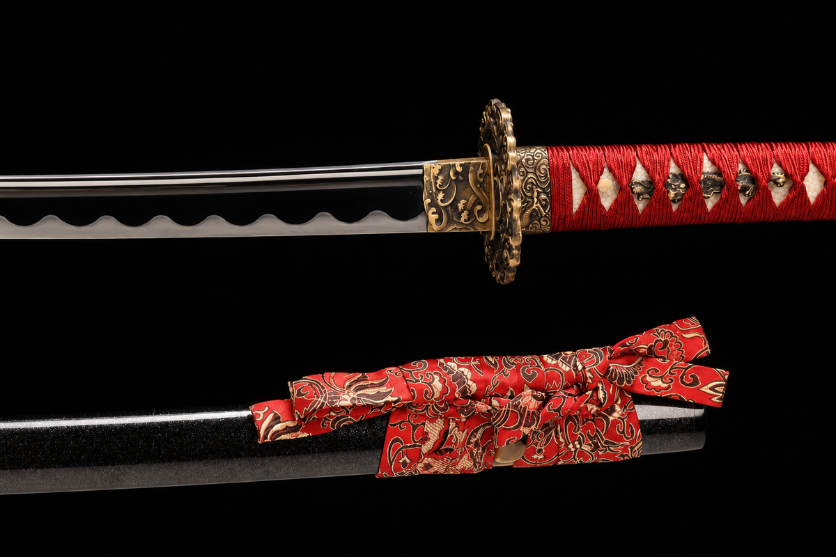 Wave Dragon Katana — Mirror-Polished 5160, Bo-Hi and True Yokote — koiguchi and sageo detail