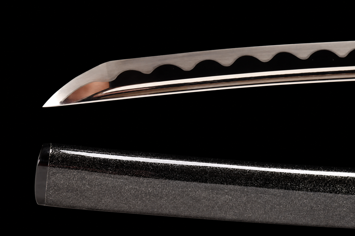 Wave Dragon Katana — Mirror-Polished 5160, Bo-Hi and True Yokote — kissaki and polish detail