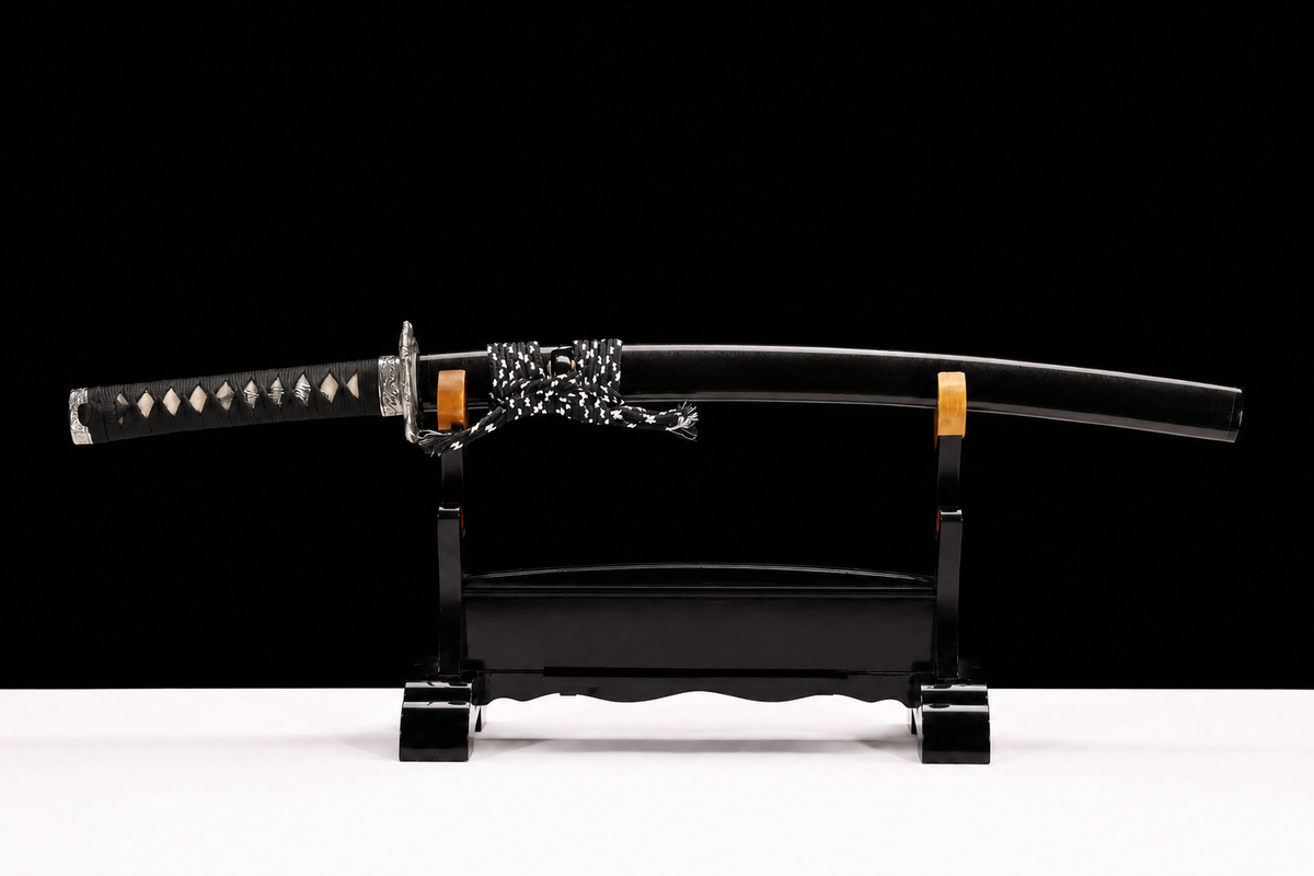 Basin Dragon Wakizashi — Clay-Tempered T10, Hammered Finish — sheathed, full length