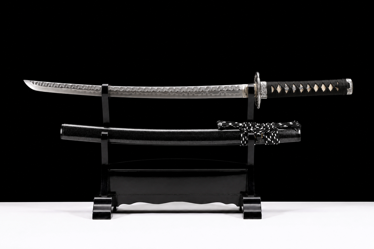 Basin Dragon Wakizashi — Clay-Tempered T10, Hammered Finish — drawn from the saya, full length