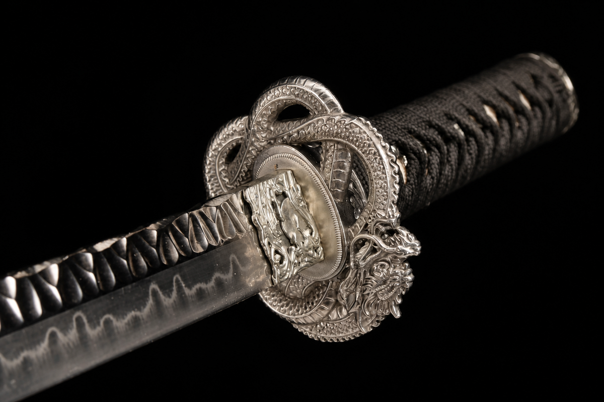 Basin Dragon Wakizashi — Clay-Tempered T10, Hammered Finish — tsuka, tsuba and menuki detail