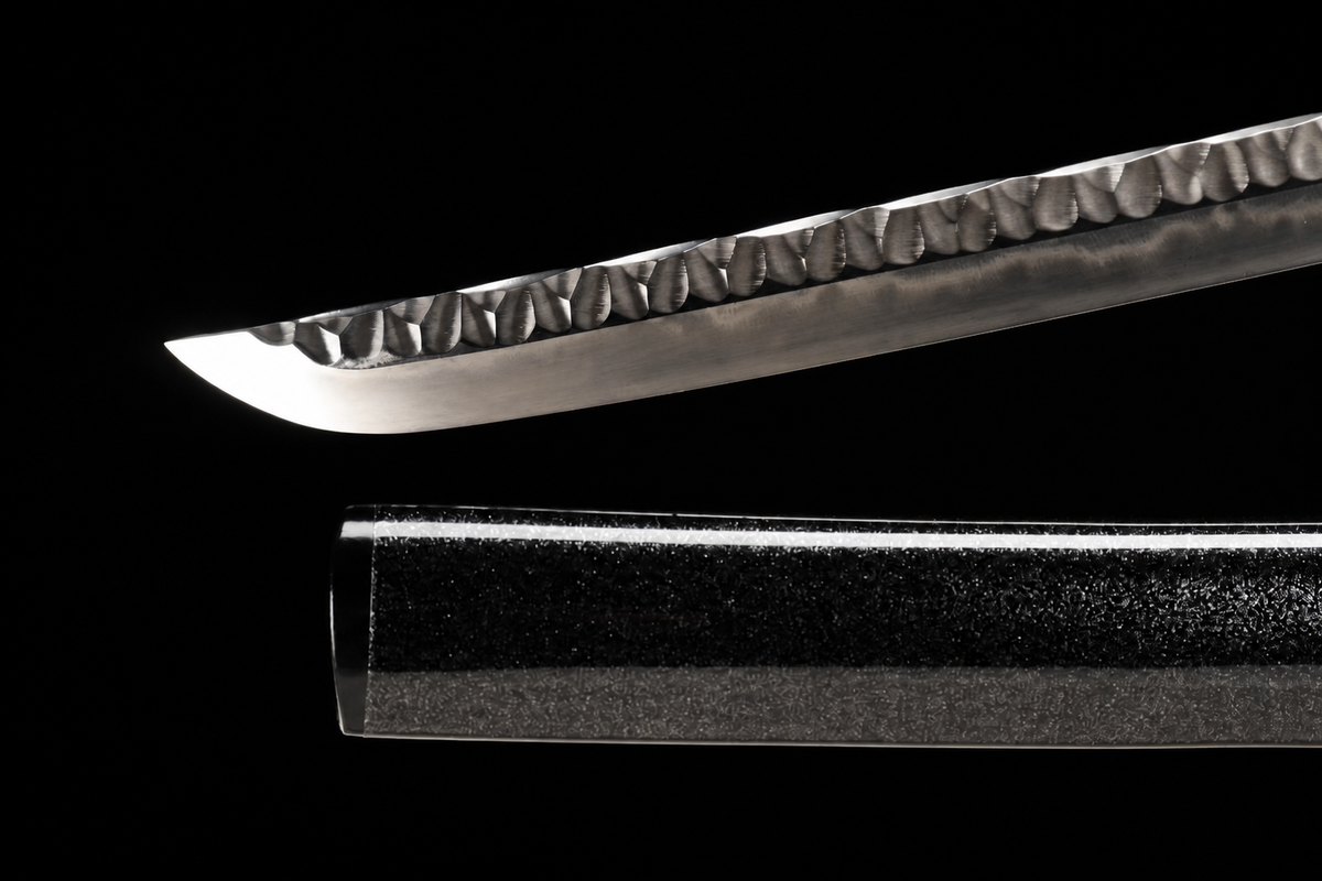 Basin Dragon Wakizashi — Clay-Tempered T10, Hammered Finish — kissaki and saya tip detail