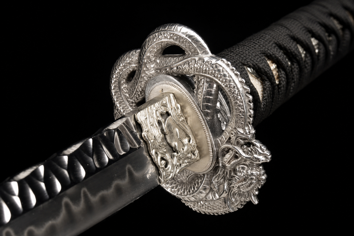 Basin Dragon Wakizashi — Clay-Tempered T10, Hammered Finish — tsuba detail