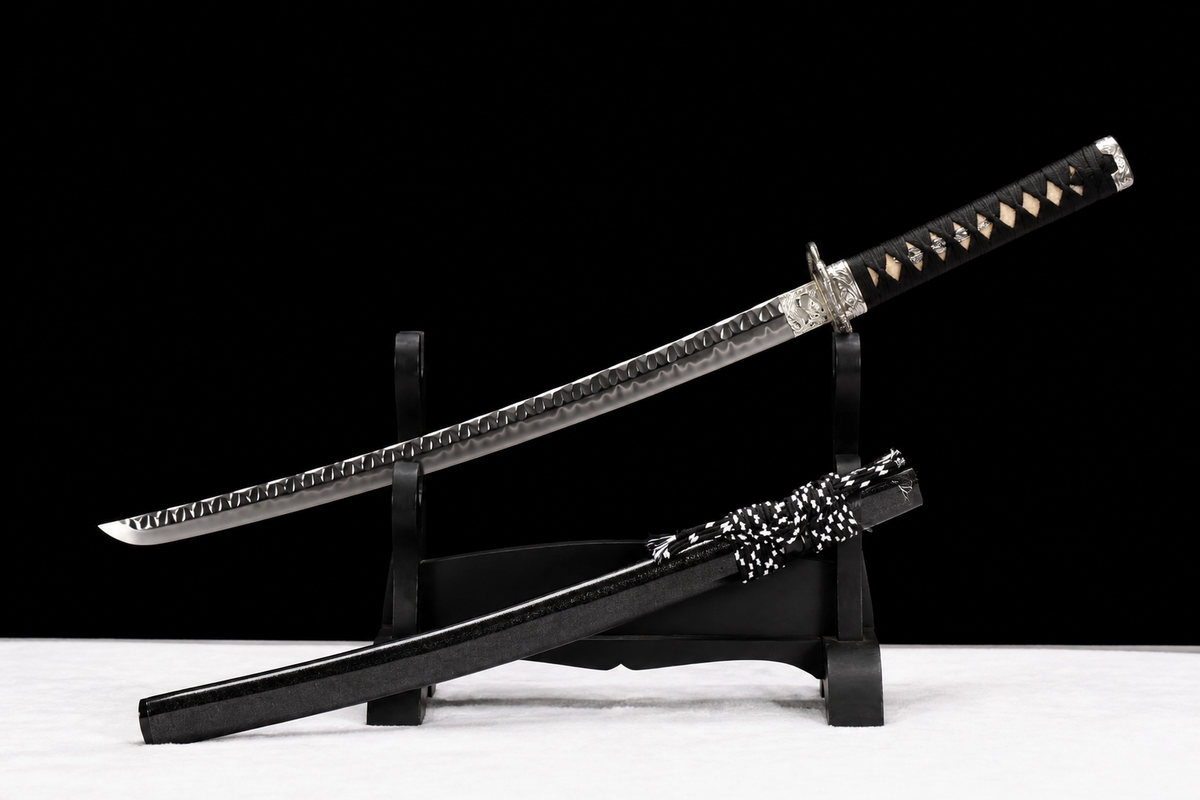Basin Dragon Wakizashi — Clay-Tempered T10, Hammered Finish — drawn from the saya, full length