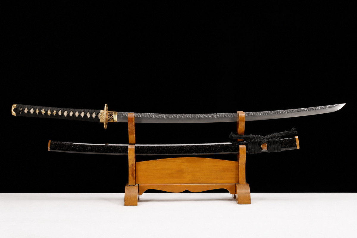Dragon Maw Katana — Clay-Tempered T10, Hammered Finish, Horn Saya — drawn from the saya, full length
