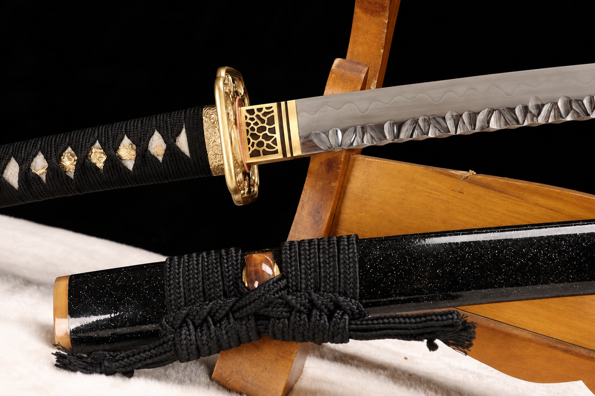 Dragon Maw Katana — Clay-Tempered T10, Hammered Finish, Horn Saya — tsuka, tsuba and menuki detail