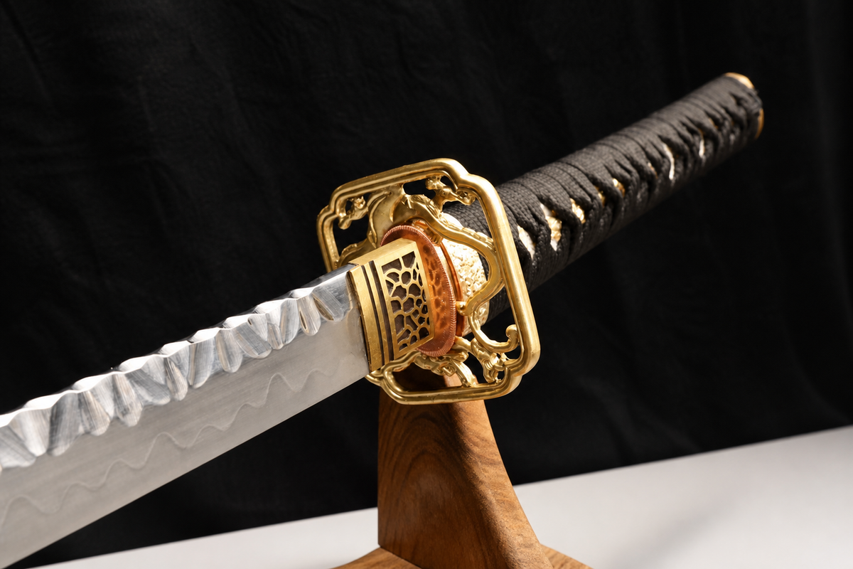 Dragon Maw Katana — Clay-Tempered T10, Hammered Finish, Horn Saya — tsuba, seppa and habaki detail