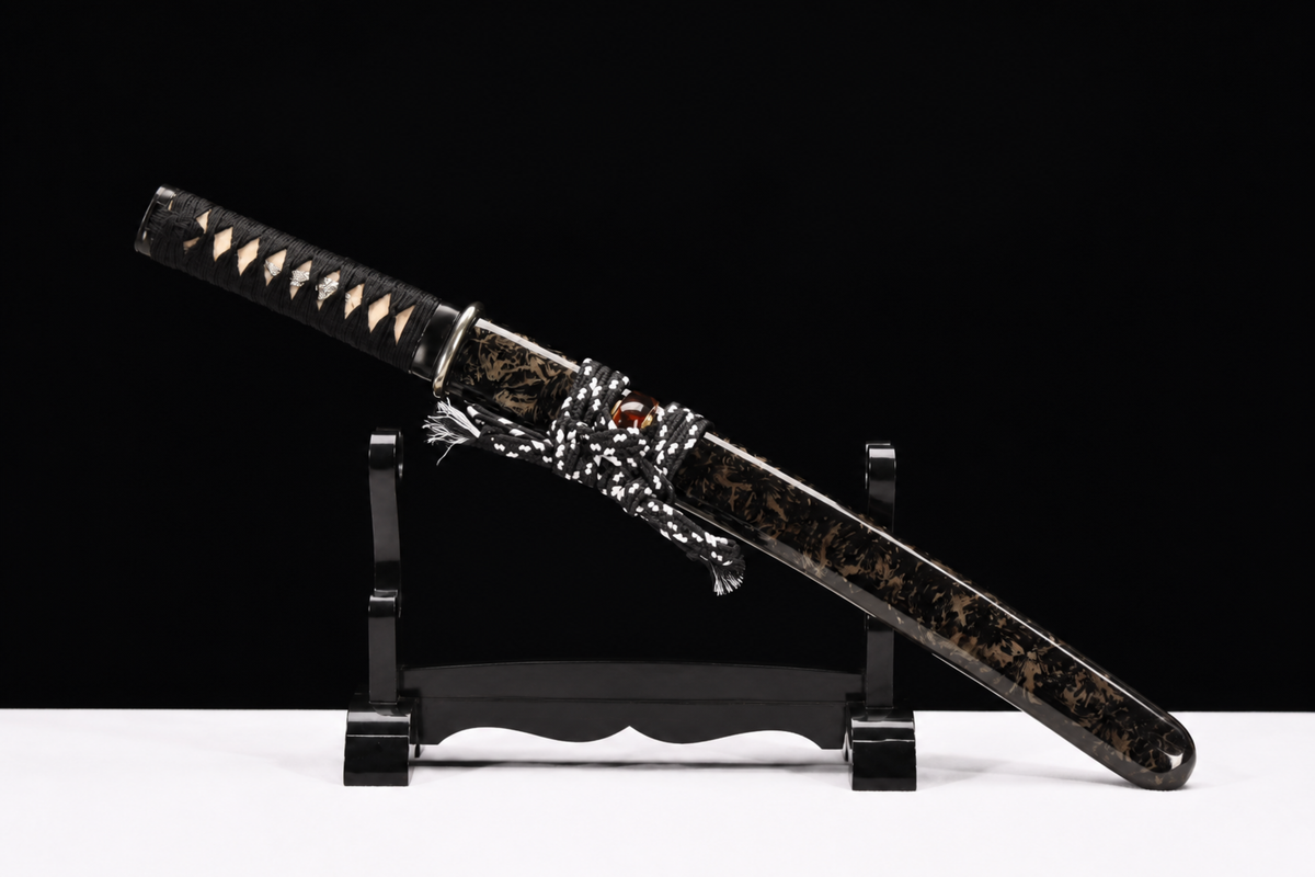 Nickel-Silver Wakizashi — Full-Hardened T10, Presentation Box — sheathed, full length