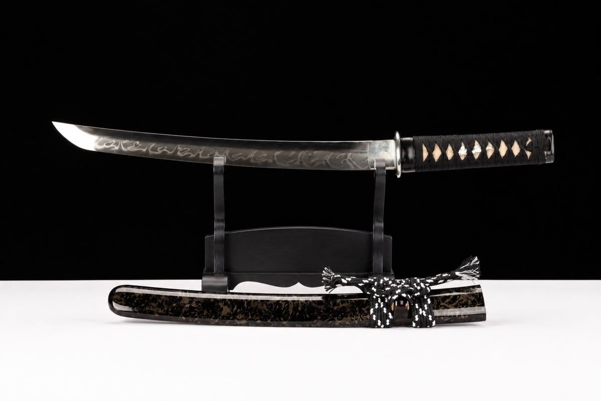 Nickel-Silver Wakizashi — Full-Hardened T10, Presentation Box — drawn from the saya, full length