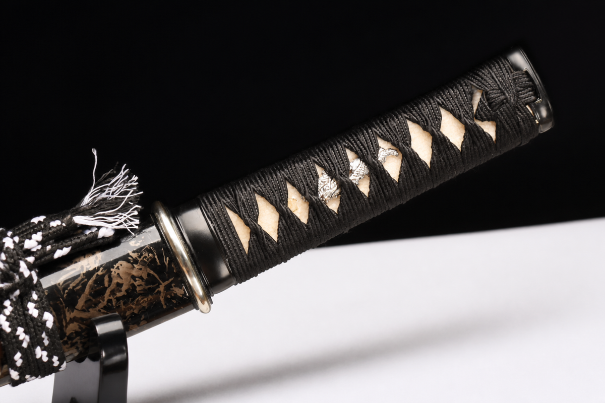 Nickel-Silver Wakizashi — Full-Hardened T10, Presentation Box — tsuka, tsuba and menuki detail