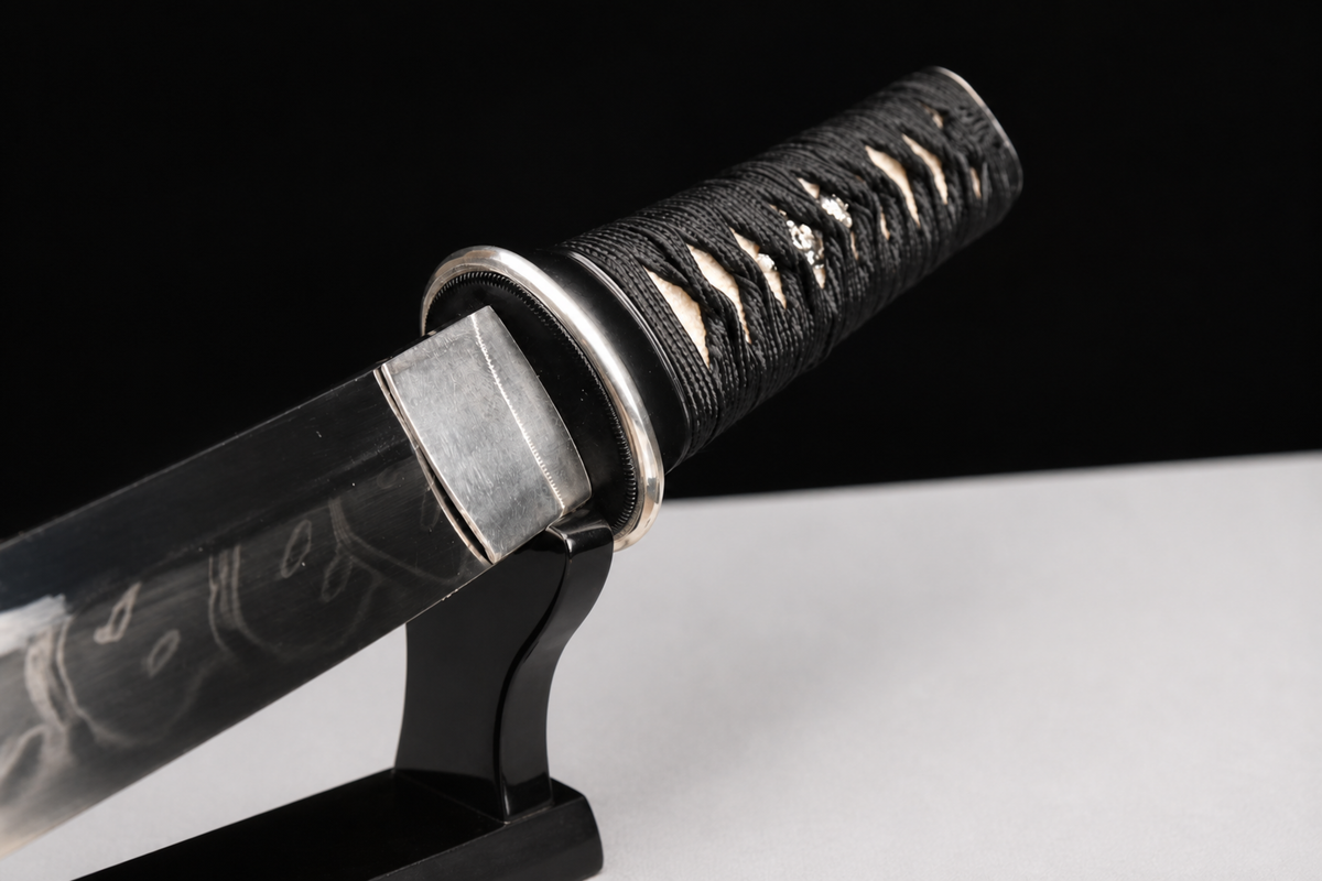 Nickel-Silver Wakizashi — Full-Hardened T10, Presentation Box — tsuba, seppa and habaki detail