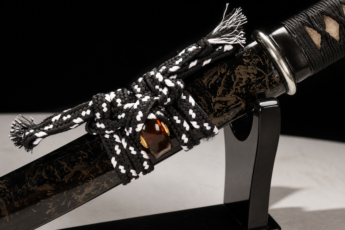 Nickel-Silver Wakizashi — Full-Hardened T10, Presentation Box — koiguchi and sageo detail