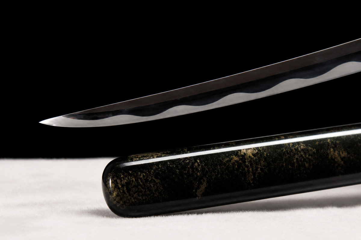 Nickel-Silver Wakizashi — Full-Hardened T10, Presentation Box — kissaki and polish detail