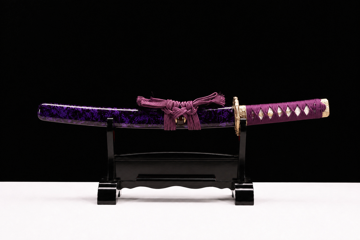 Violet Flame Wakizashi — Mirror-Polished Steel, Copper Fittings — sheathed, full length