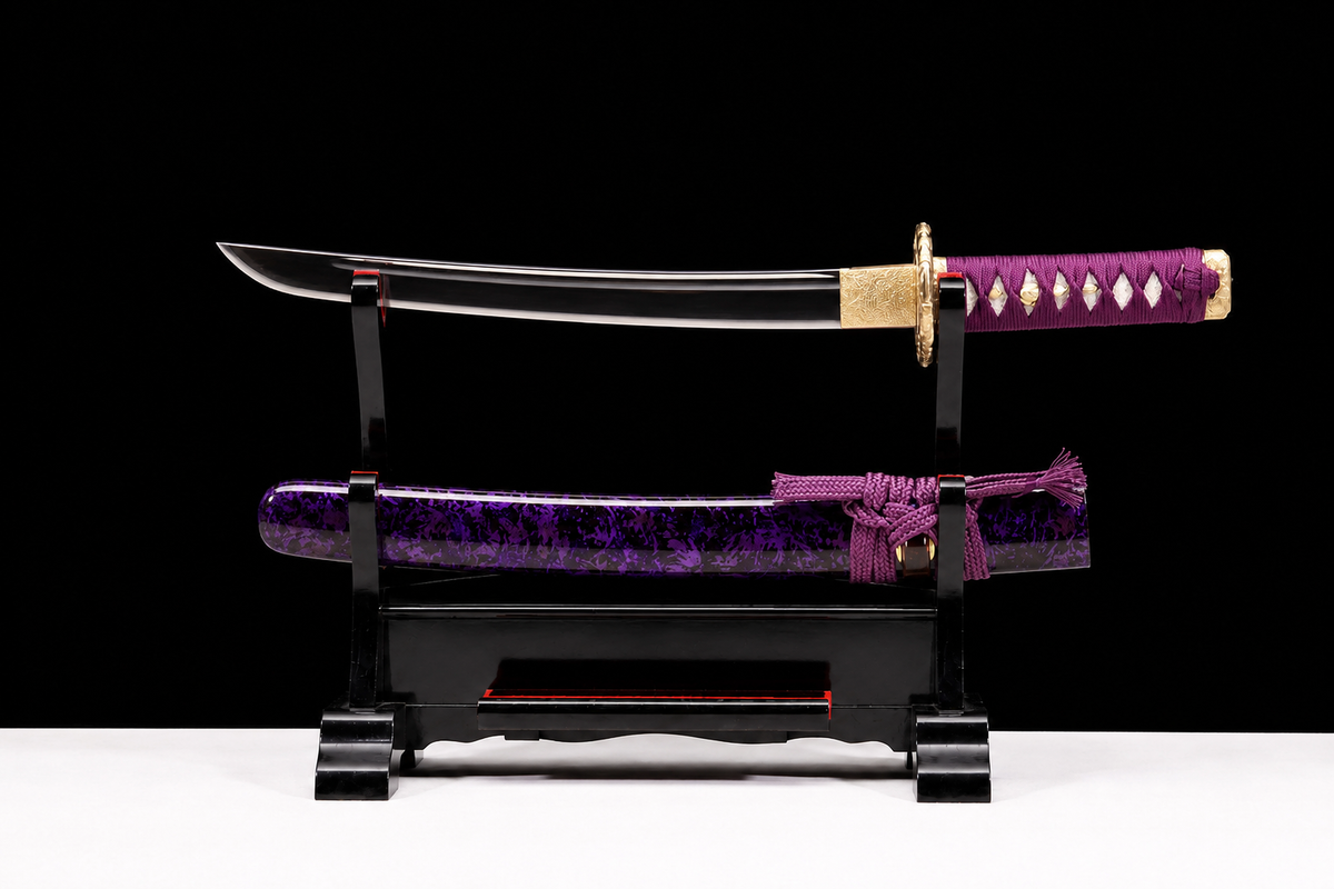 Violet Flame Wakizashi — Mirror-Polished Steel, Copper Fittings — drawn from the saya, full length
