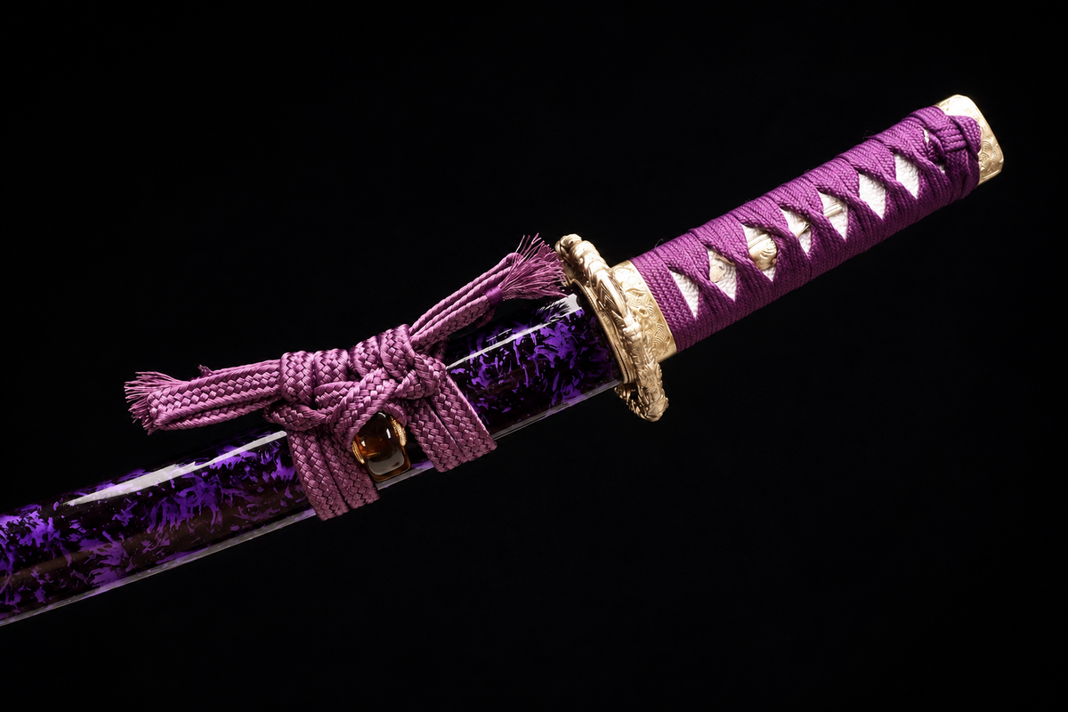 Violet Flame Wakizashi — Mirror-Polished Steel, Copper Fittings — tsuka, tsuba and menuki detail