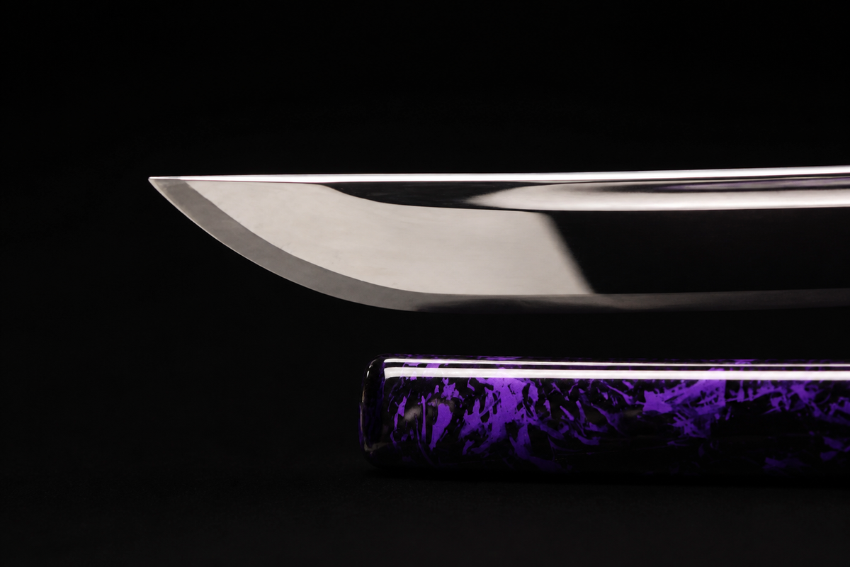 Violet Flame Wakizashi — Mirror-Polished Steel, Copper Fittings — kissaki and saya tip detail