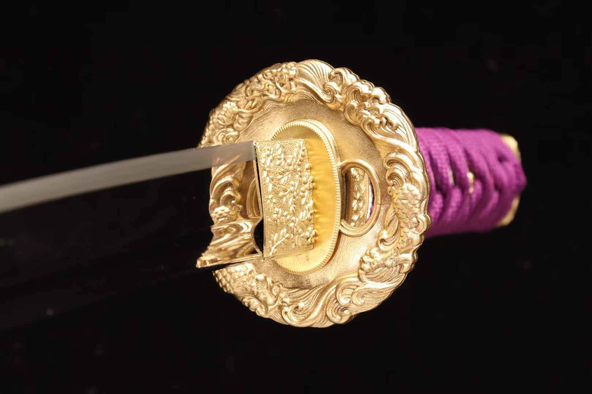Violet Flame Wakizashi — Mirror-Polished Steel, Copper Fittings — tsuba, seppa and habaki detail