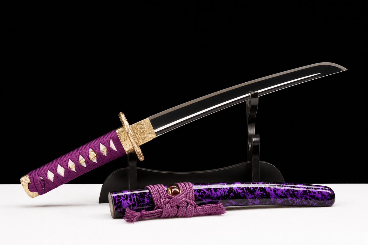 Violet Flame Wakizashi — Mirror-Polished Steel, Copper Fittings — drawn from the saya, angled view
