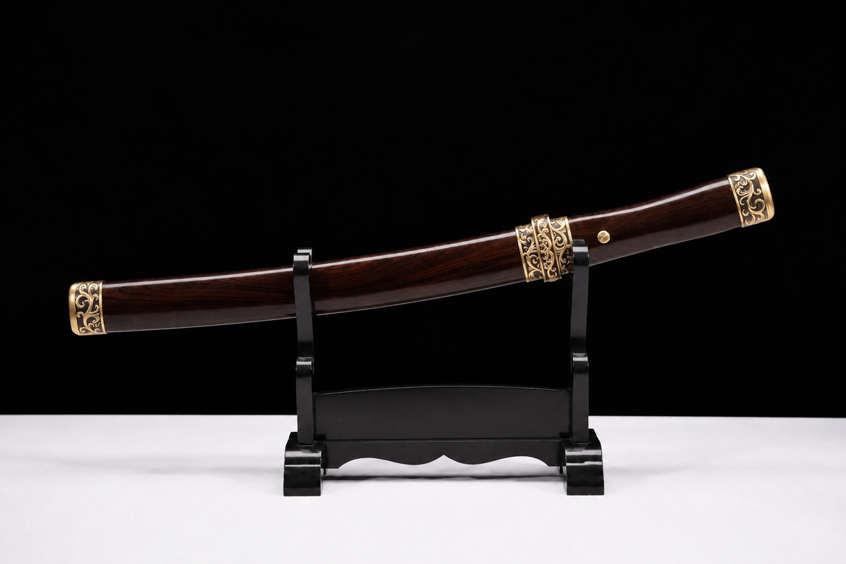 Ebony Shinogi Wakizashi — Twisted Folded T8, Carved Copper — sheathed, full length