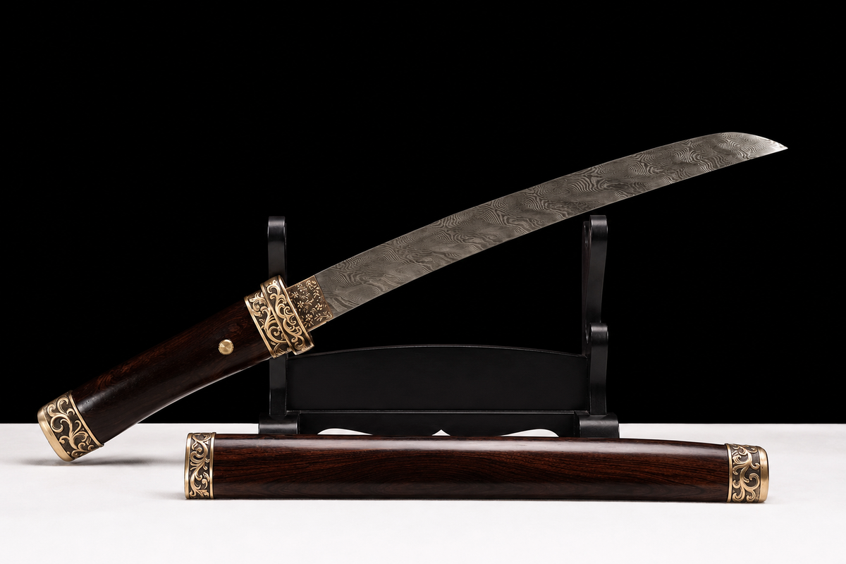Ebony Shinogi Wakizashi — Twisted Folded T8, Carved Copper — drawn from the saya, full length