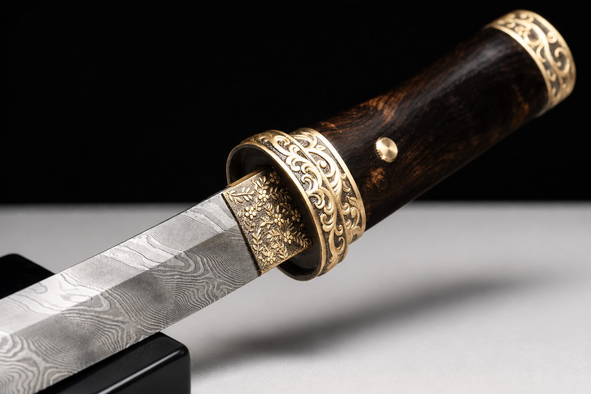 Ebony Shinogi Wakizashi — Twisted Folded T8, Carved Copper — tsuba, seppa and habaki detail