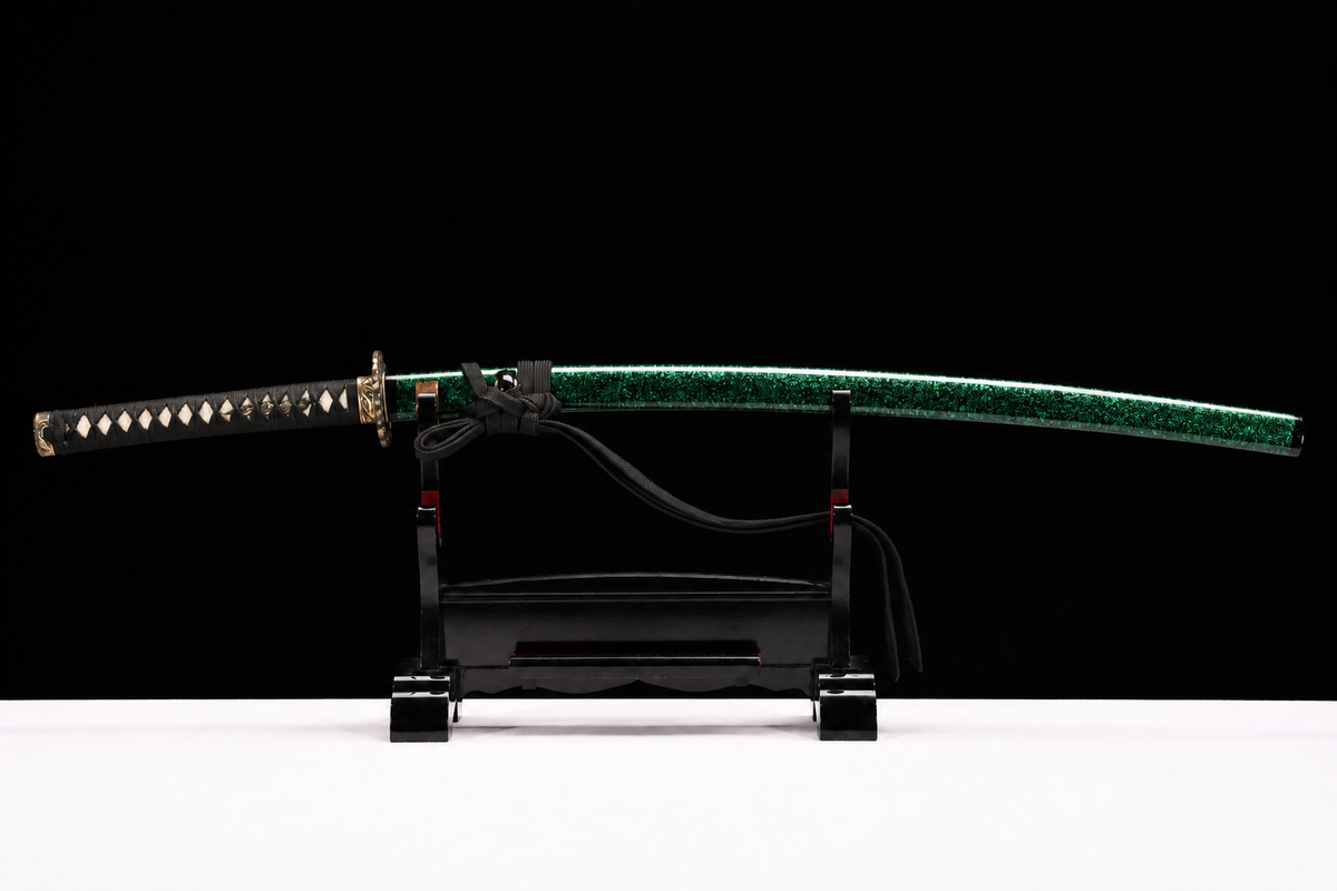 Eagle Eye Katana — T1095, Hammered Finish, Copper Fittings — sheathed, full length