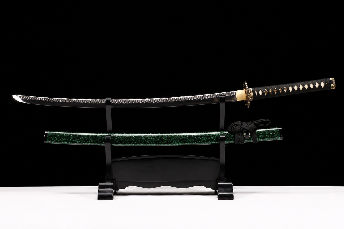 Eagle Eye Katana — T1095, Hammered Finish, Copper Fittings — drawn from the saya, full length