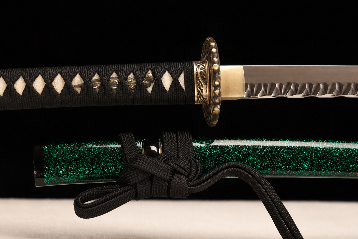 Eagle Eye Katana — T1095, Hammered Finish, Copper Fittings — tsuka, tsuba and menuki detail
