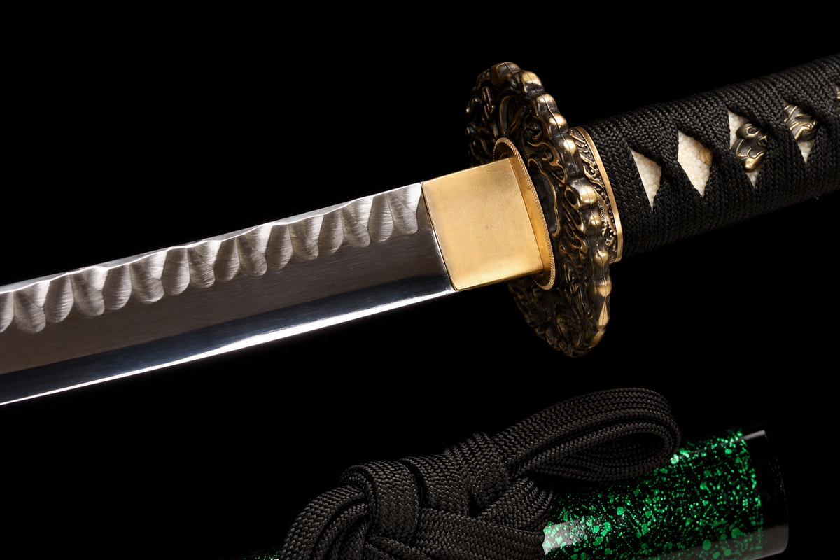 Eagle Eye Katana — T1095, Hammered Finish, Copper Fittings — tsuba, seppa and habaki detail