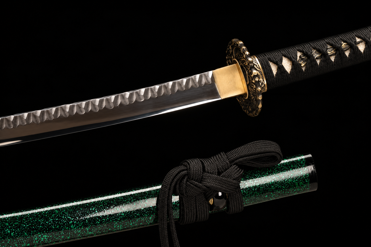 Eagle Eye Katana — T1095, Hammered Finish, Copper Fittings — koiguchi and sageo detail