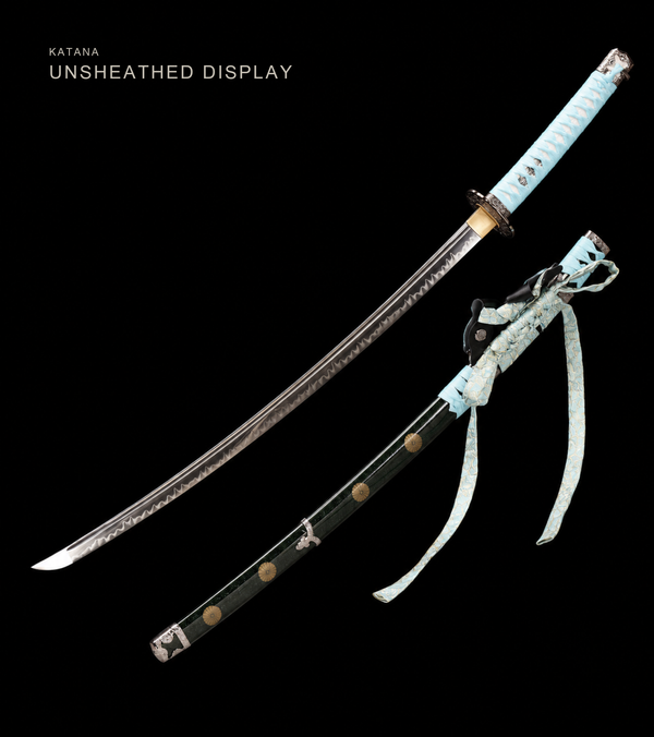 Deep-Curve Tachi — Clay-Tempered T10, Powder-Blue Ito, Kamon Saya — catalogue view, unsheathed full view